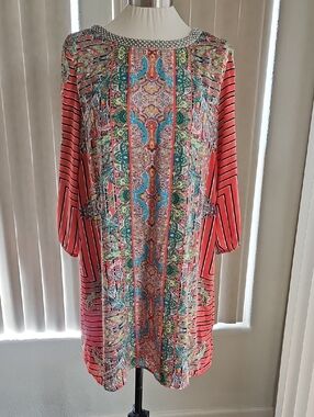 Romeo & Juliet Couture Coral and Turquoise Beaded Neck Mini Dress